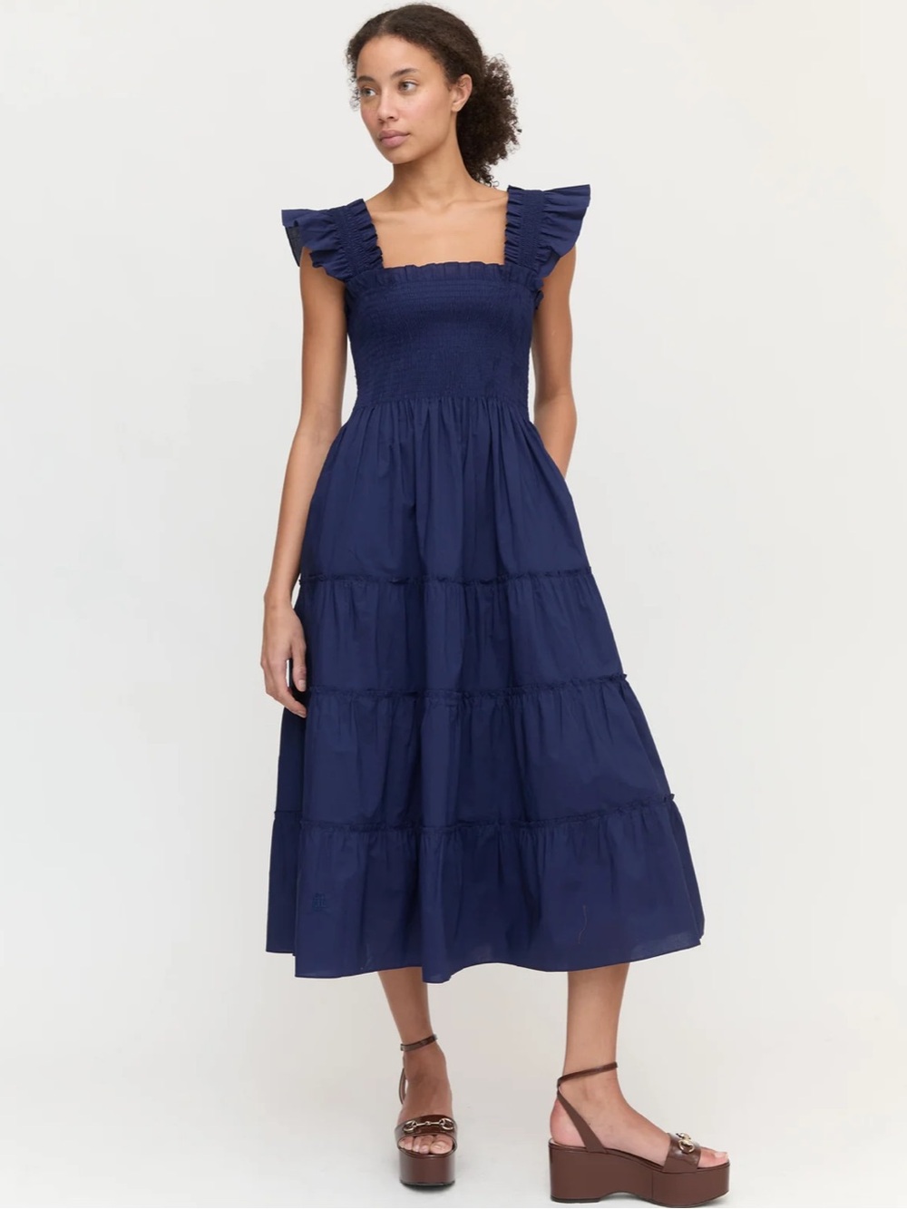 Hill House Navy Smocked Ruffle Strap Tiered Midi Dress